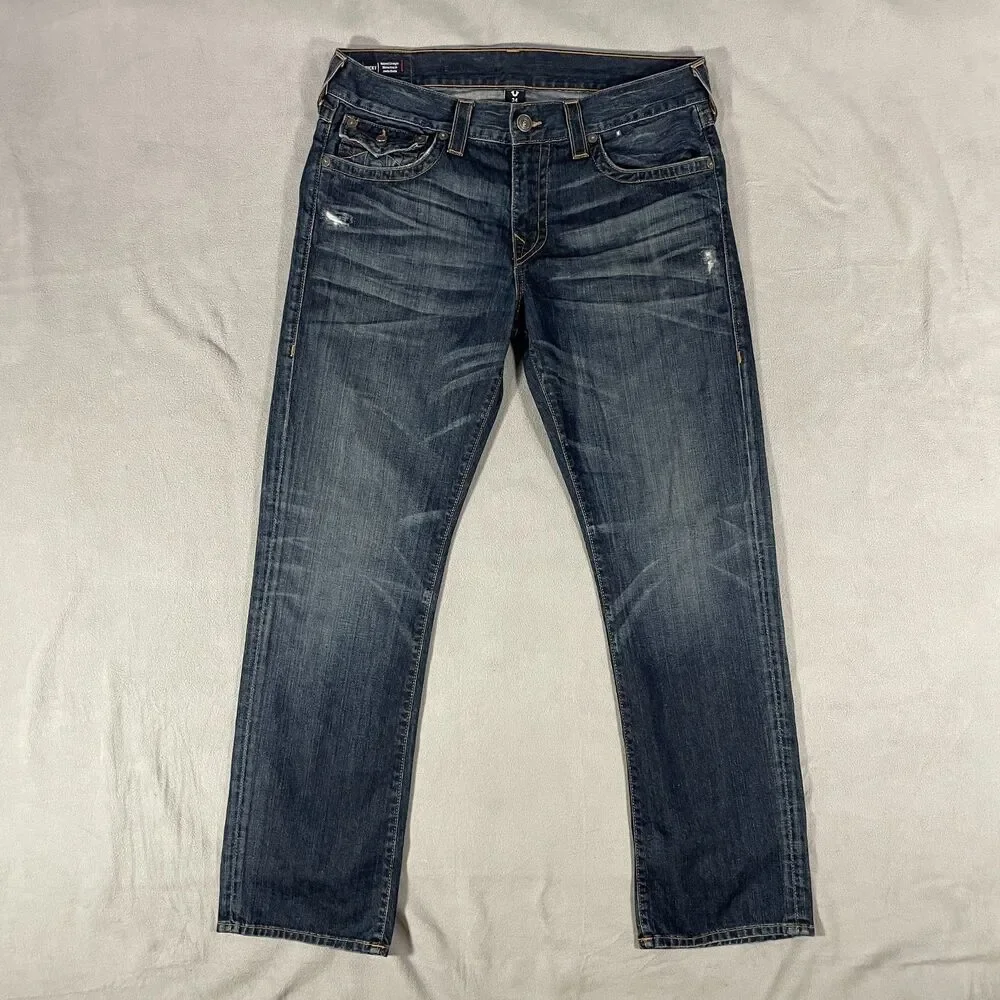 True Religion Mens Sz 34x32 Blue Jeans Ricky Relaxed Straight Flap Pockets Pants